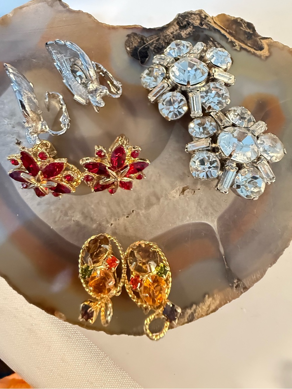 5 Vintage Floral Clip-On Earrings - Red, Clear, Amber— buy one buy all Guc